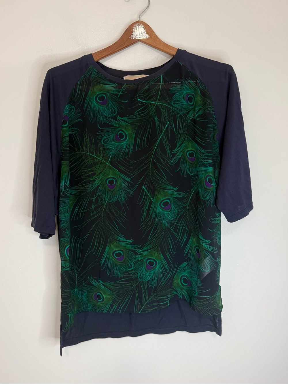 Michael Kors Peacock Print Short Sleeve Women’s Top - Navy/Green size small